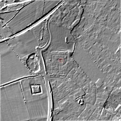 Shaded relief map of the ground around BA132GE, computed from Environment Agency LiDAR. The ground here sits at about 64 m above sea level and falls 10 m across the surrounding 800 m. Surface water reaching this point runs off ground lying to the south, 5.9 m higher.