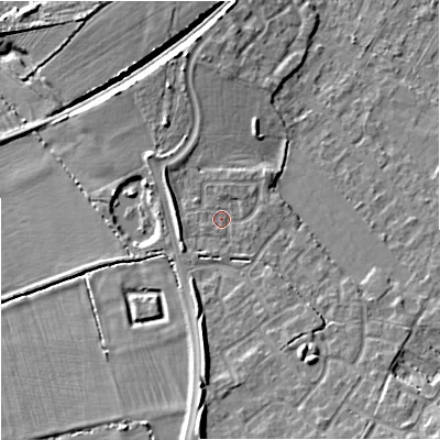Shaded relief map of the ground around BA132GF, computed from Environment Agency LiDAR. The ground here sits at about 64 m above sea level and falls 10 m across the surrounding 800 m. Surface water reaching this point runs off ground lying to the south, 6.0 m higher.