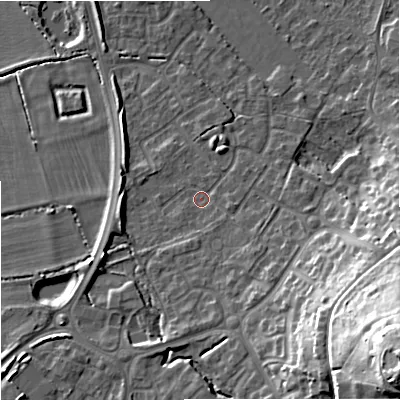 Shaded relief map of the ground around BA132GG, computed from Environment Agency LiDAR. The ground here sits at about 66 m above sea level and falls 32 m across the surrounding 800 m. Surface water reaching this point runs off ground lying to the south-south-east, 5.5 m higher.