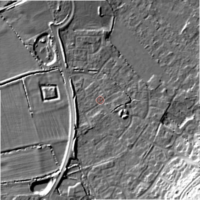 Shaded relief map of the ground around BA132GP, computed from Environment Agency LiDAR. The ground here sits at about 65 m above sea level and falls 22 m across the surrounding 800 m. Surface water reaching this point runs off ground lying to the south-south-east, 5.8 m higher.