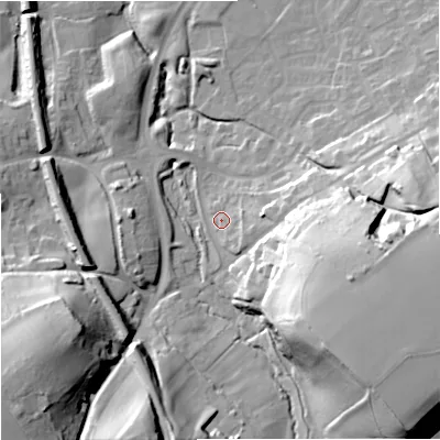 Shaded relief map of the ground around BA133AZ, computed from Environment Agency LiDAR. The ground here sits at about 72 m above sea level and falls 45 m across the surrounding 800 m. Surface water reaching this point runs off ground lying to the east-south-east, 5.1 m higher.