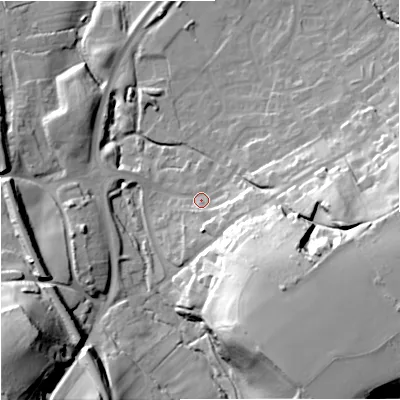 Shaded relief map of the ground around BA133FD, computed from Environment Agency LiDAR. The ground here sits at about 73 m above sea level and falls 43 m across the surrounding 800 m. Surface water reaching this point runs off ground lying to the south-east, 7.0 m higher.
