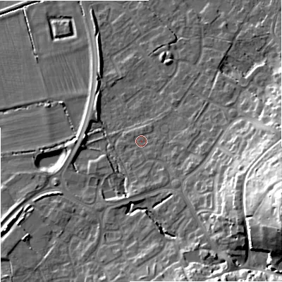 Shaded relief map of the ground around BA133FG, computed from Environment Agency LiDAR. The ground here sits at about 68 m above sea level and falls 28 m across the surrounding 800 m. Surface water reaching this point runs off ground lying to the east-south-east, 23.4 m higher.
