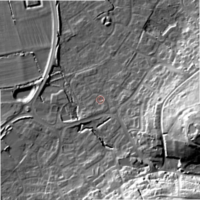 Shaded relief map of the ground around BA133FH, computed from Environment Agency LiDAR. The ground here sits at about 69 m above sea level and falls 31 m across the surrounding 800 m. Surface water reaching this point runs off ground lying to the east-south-east, 25.8 m higher.