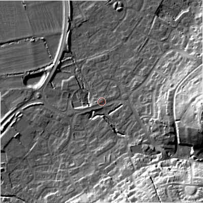 Shaded relief map of the ground around BA133FN, computed from Environment Agency LiDAR. The ground here sits at about 70 m above sea level and falls 30 m across the surrounding 800 m. Surface water reaching this point runs off ground lying to the south-south-east, 25.4 m higher.