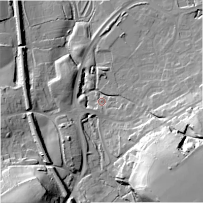 Shaded relief map of the ground around BA133FX, computed from Environment Agency LiDAR. The ground here sits at about 70 m above sea level and falls 44 m across the surrounding 800 m. Surface water reaching this point runs off ground lying to the south-west, 41.2 m higher.