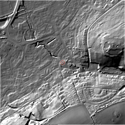 Shaded relief map of the ground around BA133GP, computed from Environment Agency LiDAR. The ground here sits at about 72 m above sea level and falls 36 m across the surrounding 800 m. Surface water reaching this point runs off ground lying to the south-south-east, 29.7 m higher.