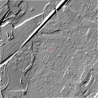 Shaded relief map of the ground around BA133LN, computed from Environment Agency LiDAR. The ground here sits at about 60 m above sea level and falls 11 m across the surrounding 800 m. Surface water reaching this point runs off ground lying to the south-south-west, 1.9 m higher.