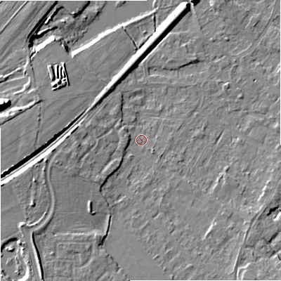 Shaded relief map of the ground around BA133LT, computed from Environment Agency LiDAR. The ground here sits at about 61 m above sea level and falls 18 m across the surrounding 800 m. Surface water reaching this point runs off ground lying to the west-south-west, 5.6 m higher.