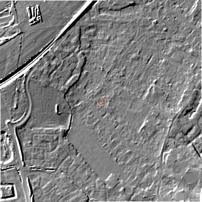 Shaded relief map of the ground around BA133NA, computed from Environment Agency LiDAR. The ground here sits at about 62 m above sea level and falls 12 m across the surrounding 800 m. Surface water reaching this point runs off ground lying to the south-south-east, 1.3 m higher.