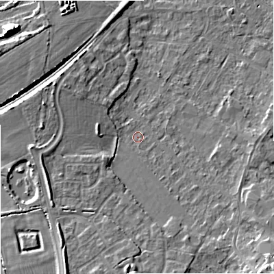 Shaded relief map of the ground around BA133NH, computed from Environment Agency LiDAR. The ground here sits at about 62 m above sea level and falls 17 m across the surrounding 800 m. Surface water reaching this point runs off ground lying to the south-south-west, 5.8 m higher.