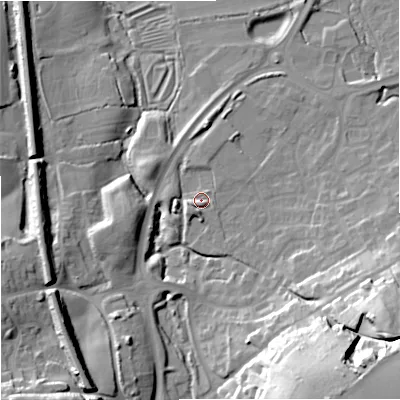 Shaded relief map of the ground around BA133PS, computed from Environment Agency LiDAR. The ground here sits at about 70 m above sea level and falls 38 m across the surrounding 800 m. Surface water reaching this point runs off ground lying to the south-south-west, 3.6 m higher.