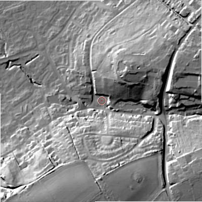 Shaded relief map of the ground around BA133SB, computed from Environment Agency LiDAR. The ground here sits at about 74 m above sea level and falls 35 m across the surrounding 800 m. Surface water reaching this point runs off ground lying to the south, 28.0 m higher.