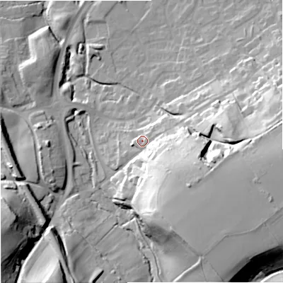 Shaded relief map of the ground around BA133SH, computed from Environment Agency LiDAR. The ground here sits at about 78 m above sea level and falls 40 m across the surrounding 800 m. Surface water reaching this point runs off ground lying to the south-east, 25.5 m higher.