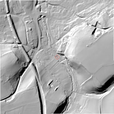 Shaded relief map of the ground around BA133SR, computed from Environment Agency LiDAR. The ground here sits at about 72 m above sea level and falls 44 m across the surrounding 800 m. Surface water reaching this point runs off ground lying to the east-south-east, 32.3 m higher.