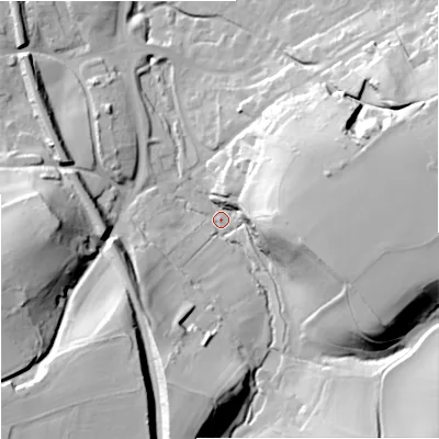Shaded relief map of the ground around BA133ST, computed from Environment Agency LiDAR. The ground here sits at about 72 m above sea level and falls 43 m across the surrounding 800 m. Surface water reaching this point runs off ground lying to the east-south-east, 32.2 m higher.