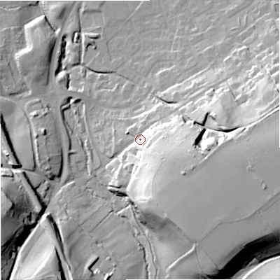 Shaded relief map of the ground around BA133SU, computed from Environment Agency LiDAR. The ground here sits at about 79 m above sea level and falls 38 m across the surrounding 800 m. Surface water reaching this point runs off ground lying to the south-east, 26.2 m higher.