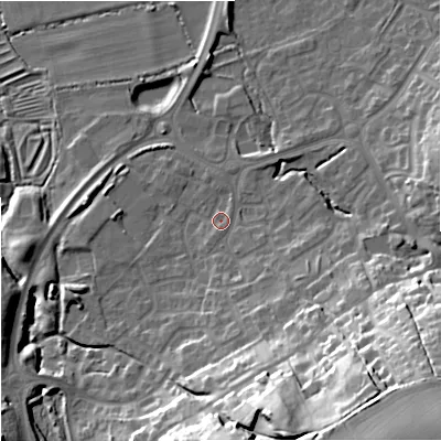 Shaded relief map of the ground around BA133UP, computed from Environment Agency LiDAR. The ground here sits at about 70 m above sea level and falls 36 m across the surrounding 800 m. Surface water reaching this point runs off ground lying to the south-south-east, 29.0 m higher.