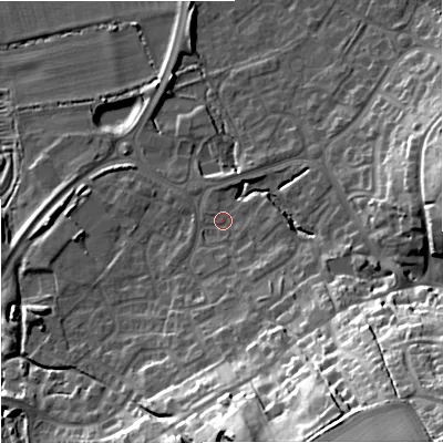 Shaded relief map of the ground around BA133WQ, computed from Environment Agency LiDAR. The ground here sits at about 70 m above sea level and falls 36 m across the surrounding 800 m. Surface water reaching this point runs off ground lying to the south-east, 31.4 m higher.