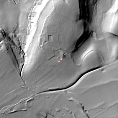 Shaded relief map of the ground around BA134DF, computed from Environment Agency LiDAR. The ground here sits at about 120 m above sea level and falls 54 m across the surrounding 800 m. Surface water reaching this point runs off ground lying to the north-east, 3.2 m higher.