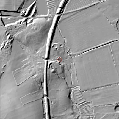 Shaded relief map of the ground around BA134EB, computed from Environment Agency LiDAR. The ground here sits at about 65 m above sea level and falls 21 m across the surrounding 800 m. Surface water reaching this point runs off ground lying to the south-west, 10.1 m higher.