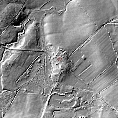 Shaded relief map of the ground around BA134EE, computed from Environment Agency LiDAR. The ground here sits at about 54 m above sea level and falls 10 m across the surrounding 800 m. Surface water reaching this point runs off ground lying to the south-east, 1.4 m higher.