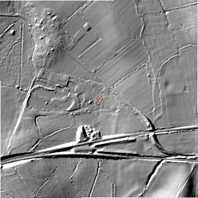 Shaded relief map of the ground around BA134EL, computed from Environment Agency LiDAR. The ground here sits at about 53 m above sea level and falls 15 m across the surrounding 800 m. Surface water reaching this point runs off ground lying to the east, 2.6 m higher.