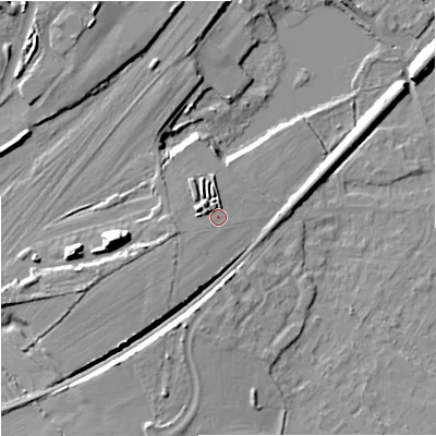Shaded relief map of the ground around BA134FJ, computed from Environment Agency LiDAR. The ground here sits at about 63 m above sea level and falls 18 m across the surrounding 800 m. Surface water reaching this point runs off ground lying to the west-south-west, 4.7 m higher.