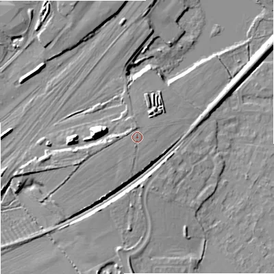 Shaded relief map of the ground around BA134FL, computed from Environment Agency LiDAR. The ground here sits at about 65 m above sea level and falls 18 m across the surrounding 800 m. Surface water reaching this point runs off ground lying to the west, 2.7 m higher.