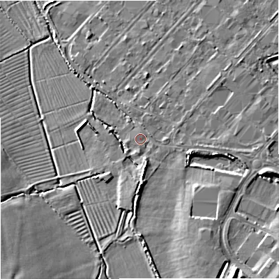 Shaded relief map of the ground around BA134HY, computed from Environment Agency LiDAR. The ground here sits at about 52 m above sea level and falls 11 m across the surrounding 800 m. Surface water reaching this point runs off ground lying to the south-south-east, 5.0 m higher.