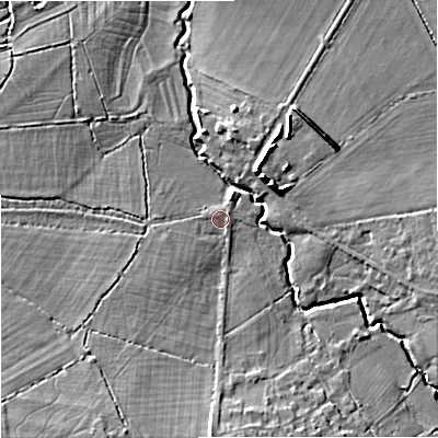 Shaded relief map of the ground around BA134LE, computed from Environment Agency LiDAR. The ground here sits at about 45 m above sea level and falls 10 m across the surrounding 800 m. Surface water reaching this point runs off ground lying to the south-south-west, 7.2 m higher.