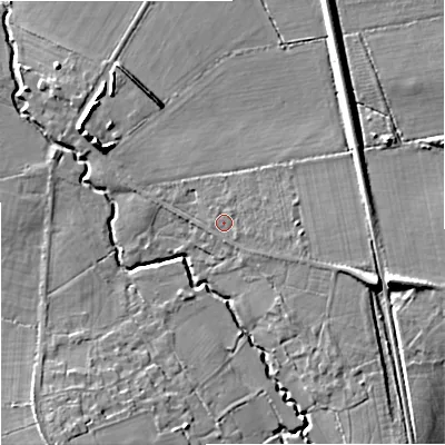 Shaded relief map of the ground around BA134LG, computed from Environment Agency LiDAR. The ground here sits at about 50 m above sea level and falls 12 m across the surrounding 800 m. Surface water reaching this point runs off ground lying to the east-south-east, 1.5 m higher.