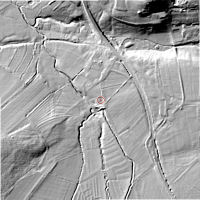 Shaded relief map of the ground around BA134LR, computed from Environment Agency LiDAR. The ground here sits at about 53 m above sea level and falls 27 m across the surrounding 800 m. Surface water reaching this point runs off ground lying to the east-north-east, 2.6 m higher.