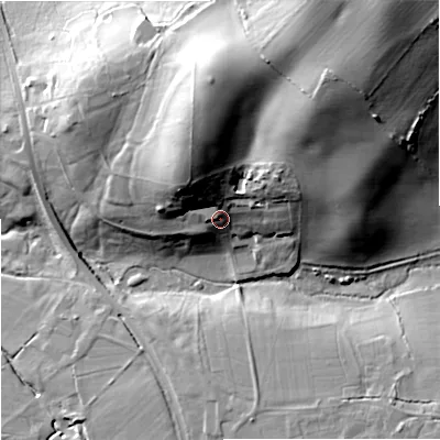 Shaded relief map of the ground around BA134NA, computed from Environment Agency LiDAR. The ground here sits at about 61 m above sea level and falls 37 m across the surrounding 800 m. Surface water reaching this point runs off ground lying to the north-north-east, 27.7 m higher.