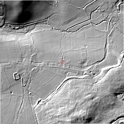 Shaded relief map of the ground around BA134NB, computed from Environment Agency LiDAR. The ground here sits at about 60 m above sea level and falls 21 m across the surrounding 800 m. Surface water reaching this point runs off ground lying to the south-south-east, 3.8 m higher.