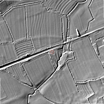Shaded relief map of the ground around BA134NH, computed from Environment Agency LiDAR. The ground here sits at about 68 m above sea level and falls 16 m across the surrounding 800 m. Surface water reaching this point runs off ground lying to the south-south-west, 1.6 m higher.