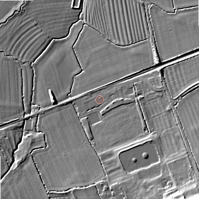 Shaded relief map of the ground around BA134NT, computed from Environment Agency LiDAR. The ground here sits at about 66 m above sea level and falls 24 m across the surrounding 800 m. Surface water reaching this point runs off ground lying to the east, 2.2 m higher.