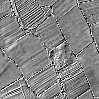 Shaded relief map of the ground around BA134NZ, computed from Environment Agency LiDAR. The ground here sits at about 56 m above sea level and falls 9 m across the surrounding 800 m. Surface water reaching this point runs off ground lying to the south-east, 2.6 m higher.