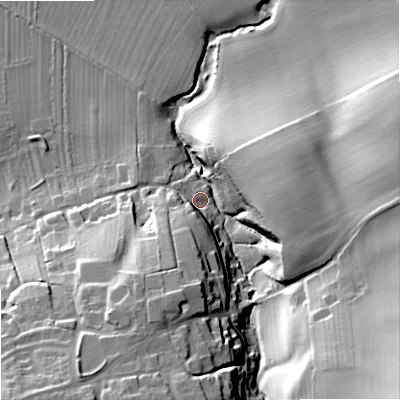 Shaded relief map of the ground around BA134RG, computed from Environment Agency LiDAR. The ground here sits at about 80 m above sea level and falls 49 m across the surrounding 800 m. Surface water reaching this point runs off ground lying to the south-south-west, 20.8 m higher.