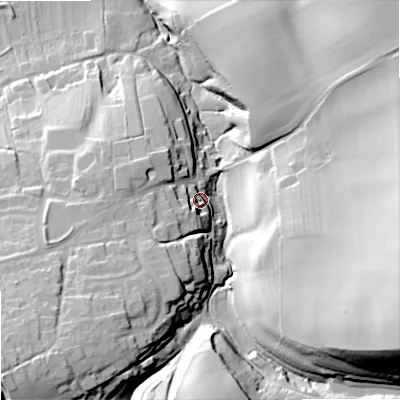 Shaded relief map of the ground around BA134SE, computed from Environment Agency LiDAR. The ground here sits at about 90 m above sea level and falls 58 m across the surrounding 800 m. Surface water reaching this point runs off ground lying to the east-south-east, 50.0 m higher.