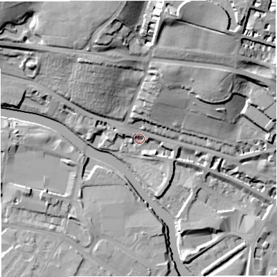 Shaded relief map of the ground around BA13AB, computed from Environment Agency LiDAR. The ground here sits at about 20 m above sea level and falls 38 m across the surrounding 800 m. Surface water reaching this point runs off ground lying to the north-east, 34.6 m higher.