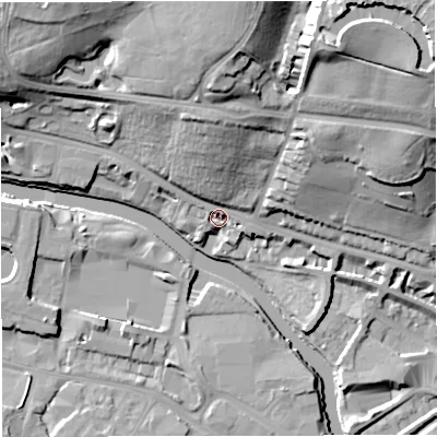 Shaded relief map of the ground around BA13AF, computed from Environment Agency LiDAR. The ground here sits at about 19 m above sea level and falls 37 m across the surrounding 800 m. Surface water reaching this point runs off ground lying to the north, 32.0 m higher.