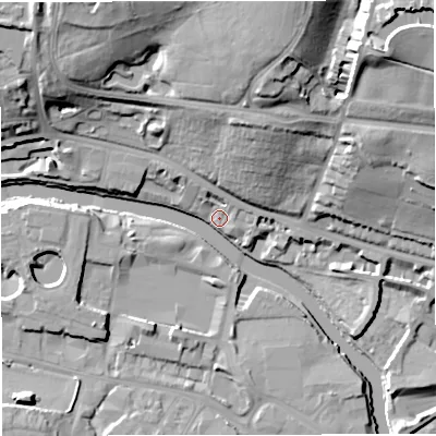 Shaded relief map of the ground around BA13AH, computed from Environment Agency LiDAR. The ground here sits at about 19 m above sea level and falls 37 m across the surrounding 800 m. Surface water reaching this point runs off ground lying to the north-west, 7.1 m higher.