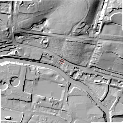 Shaded relief map of the ground around BA13AJ, computed from Environment Agency LiDAR. The ground here sits at about 20 m above sea level and falls 38 m across the surrounding 800 m. Surface water reaching this point runs off ground lying to the north-north-east, 31.6 m higher.
