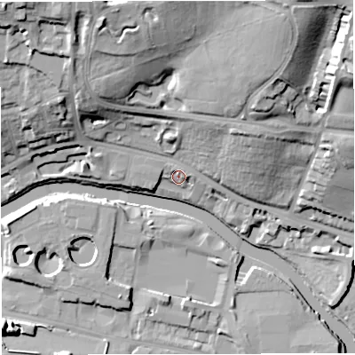 Shaded relief map of the ground around BA13AP, computed from Environment Agency LiDAR. The ground here sits at about 20 m above sea level and falls 39 m across the surrounding 800 m. Surface water reaching this point runs off ground lying to the north, 4.4 m higher.