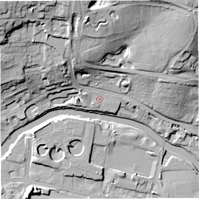 Shaded relief map of the ground around BA13AT, computed from Environment Agency LiDAR. The ground here sits at about 22 m above sea level and falls 41 m across the surrounding 800 m. Surface water reaching this point runs off ground lying to the north-east, 34.6 m higher.