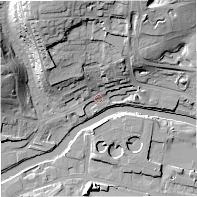 Shaded relief map of the ground around BA13AX, computed from Environment Agency LiDAR. The ground here sits at about 20 m above sea level and falls 36 m across the surrounding 800 m. Surface water reaching this point runs off ground lying to the north-north-west, 30.0 m higher.