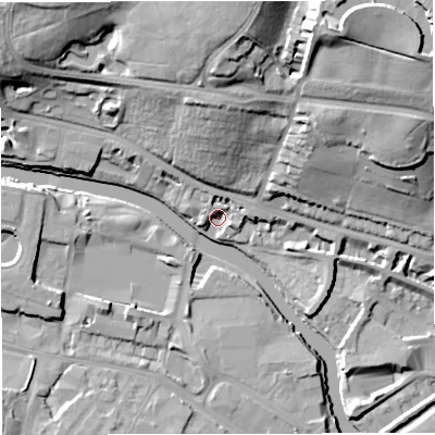 Shaded relief map of the ground around BA13AY, computed from Environment Agency LiDAR. The ground here sits at about 19 m above sea level and falls 37 m across the surrounding 800 m. Surface water reaching this point runs off ground lying to the north, 31.4 m higher.