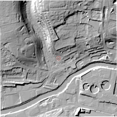 Shaded relief map of the ground around BA13BN, computed from Environment Agency LiDAR. The ground here sits at about 22 m above sea level and falls 37 m across the surrounding 800 m. Surface water reaching this point runs off ground lying to the north, 27.0 m higher.