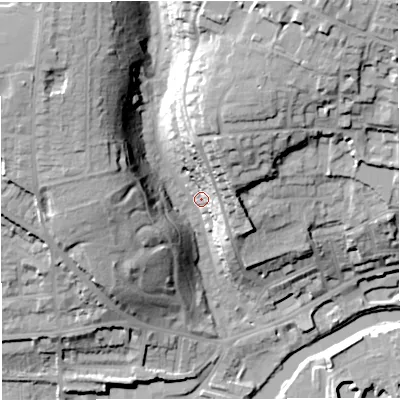 Shaded relief map of the ground around BA13BS, computed from Environment Agency LiDAR. The ground here sits at about 27 m above sea level and falls 43 m across the surrounding 800 m. Surface water reaching this point runs off ground lying to the north-north-east, 22.7 m higher.
